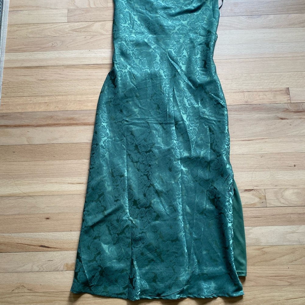 Lulu's Teal Green Floral Satin Midi Slip Dress